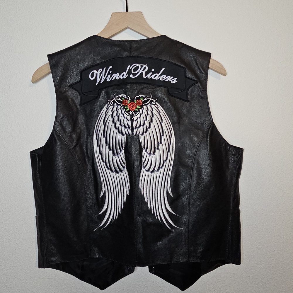 Black Leather Vest with Wing Embroidery